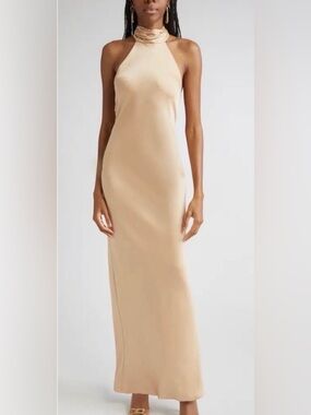 Ramy Brook Tatiana Gown in Light Champagne Satin, Halter Maxi Dress, Size 4